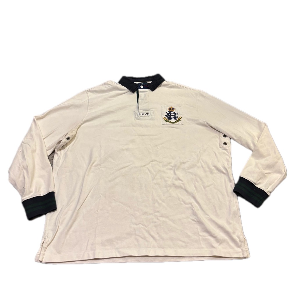 Polo Ralph Lauren Mens XL Cream Long Sleeve Rugby Shirt Crest LXVII Navy Collar